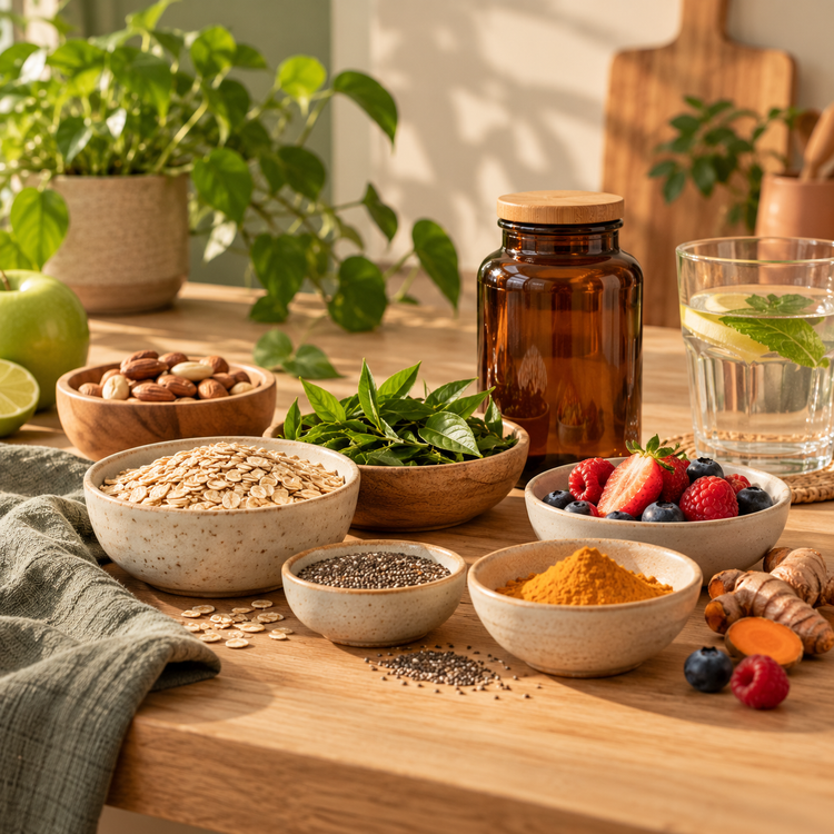 Ingredientes naturales sobre una mesa de madera