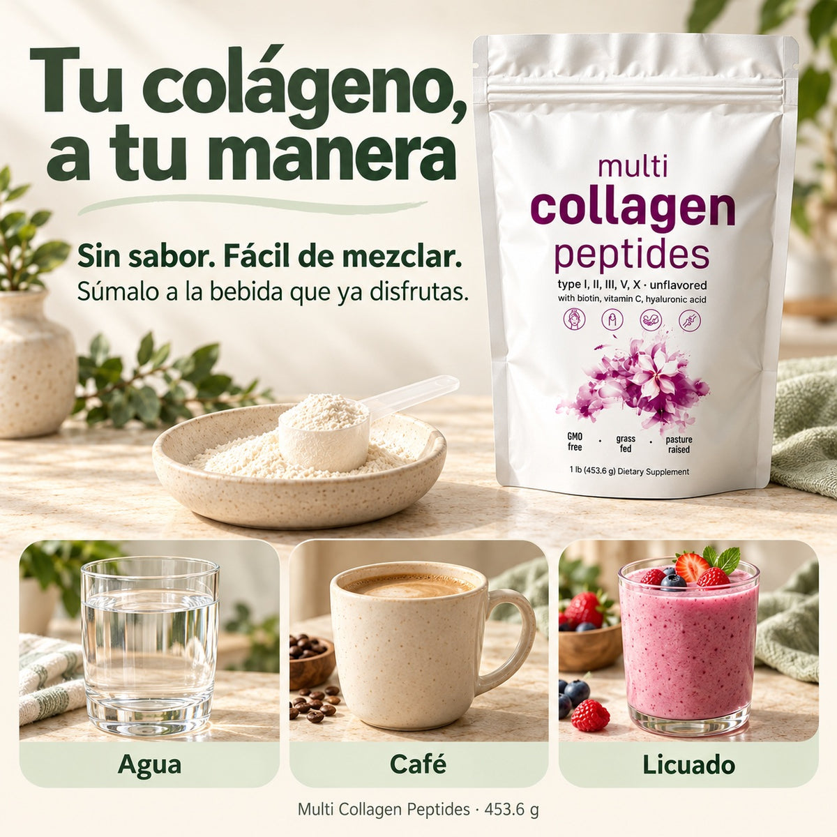 Colágeno sin sabor de 453.6 g para agregar a agua, café o licuado
