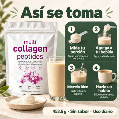 Cómo tomar el colágeno de 453.6 g: mide la porción del envase, agrega a tu bebida y mezcla