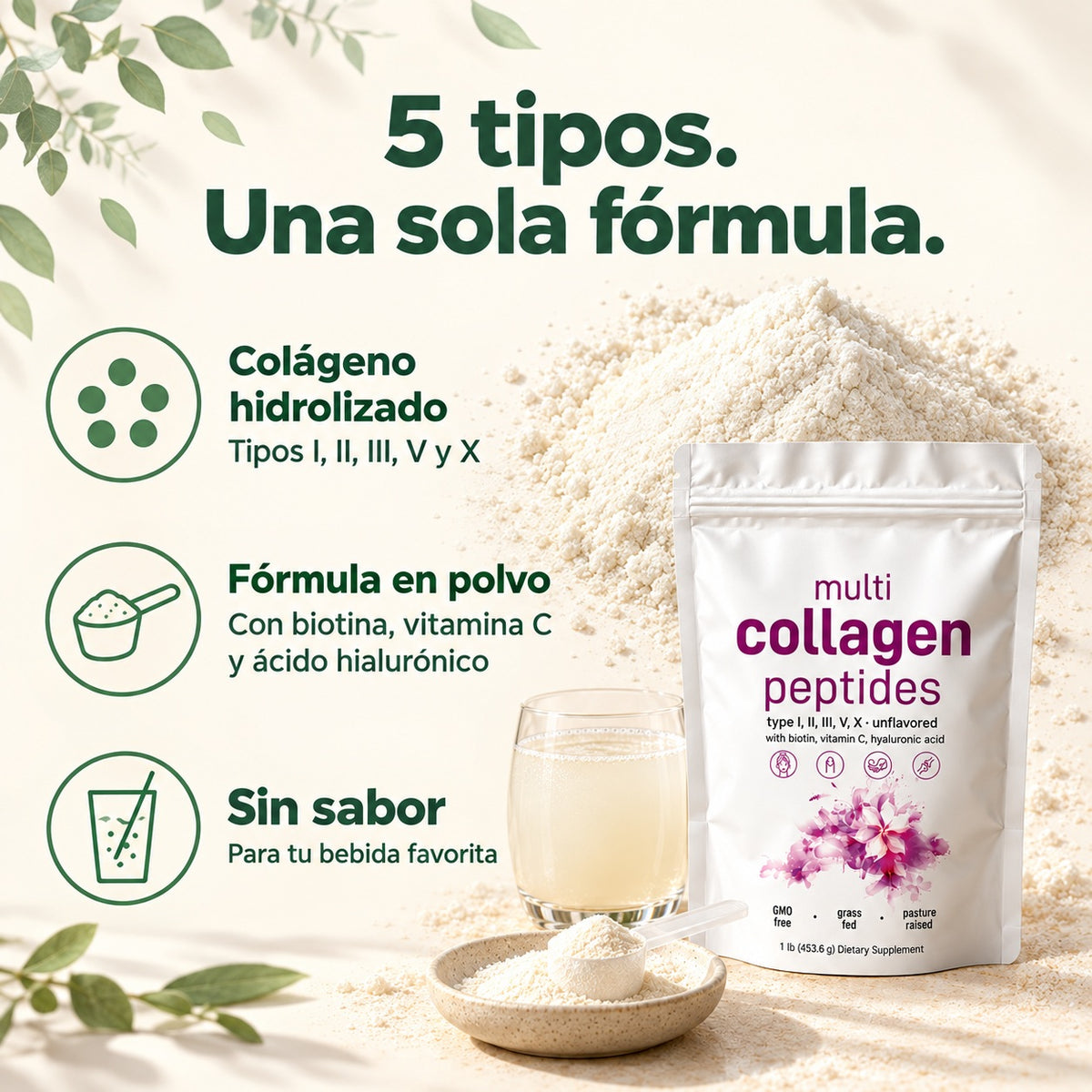 Cinco tipos de colágeno hidrolizado en fórmula de 453.6 g, con biotina, vitamina C y ácido hialurónico