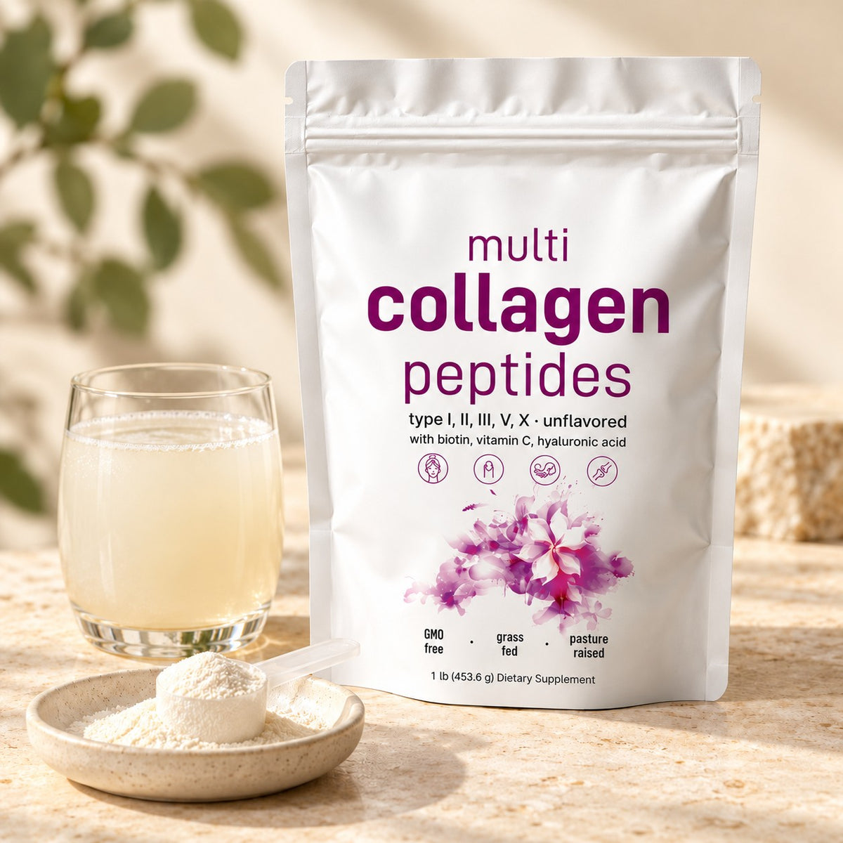 Multi Collagen Peptides de 453.6 g con bebida y polvo